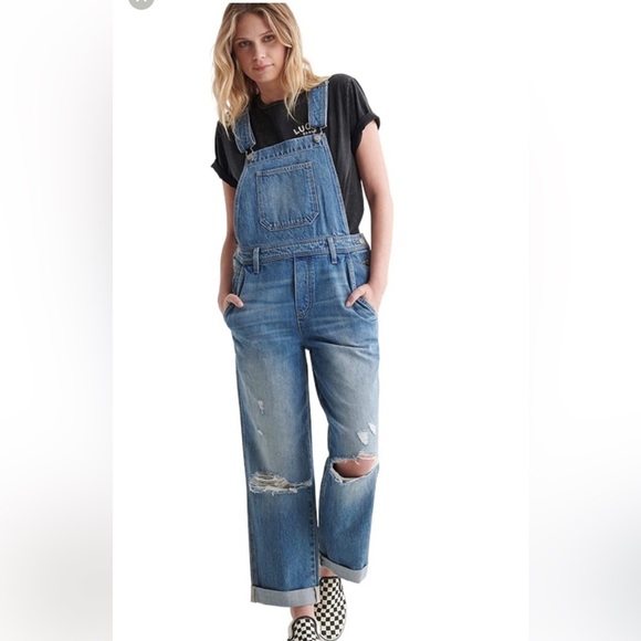 NWT Lucky Brand Boyfriend Denim Overalls Distressed Jeans Raw Hem Size Large NEW - Picture 2 of 14